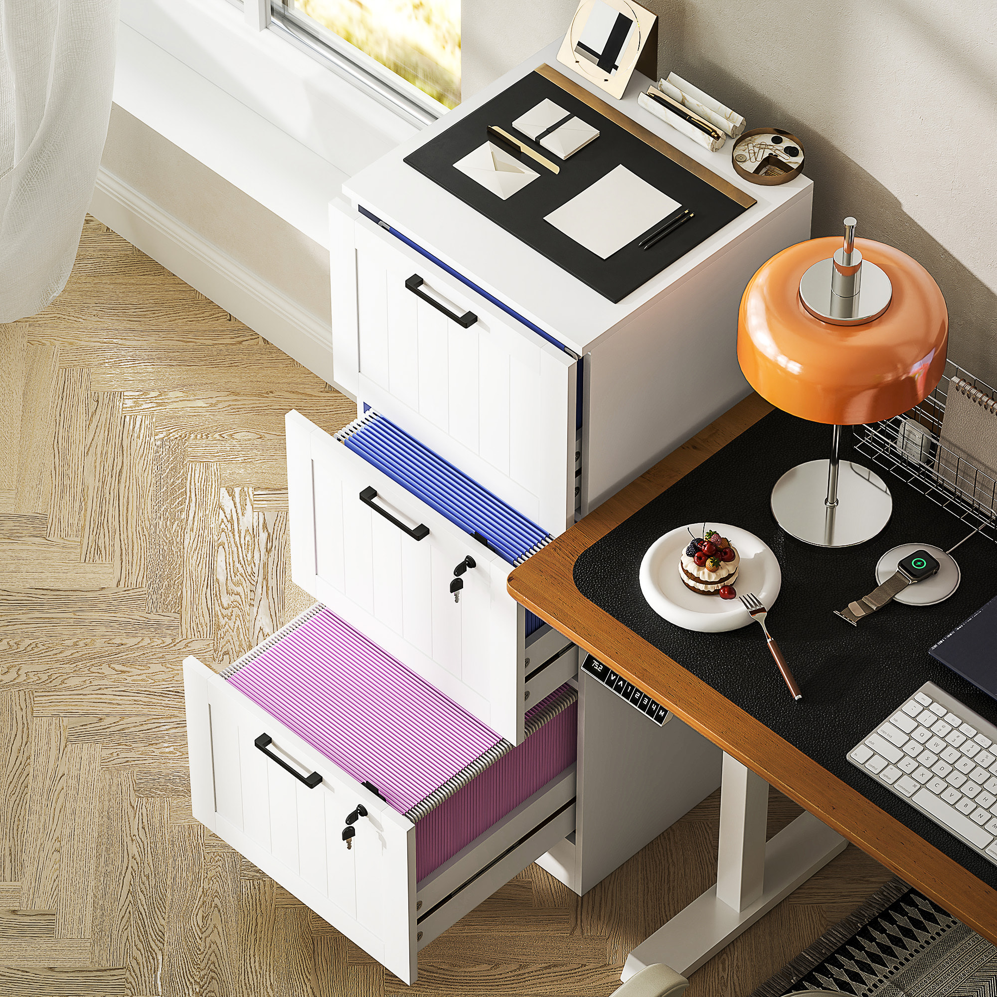 Caisson bureau 2+1 tiroir verrouillable dossiers suspendus dim. 40x40x101cm MDF blanc