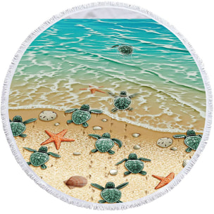 Toalla redonda 150cms 205 GSM. Diseño tortugas y estrellas de mar.