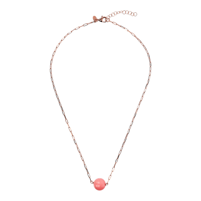 Collana Catena Forzatina con Pendente Sferico in Pietra Naturale Quarzite Rosa in Argento 925 placcato Oro rosa 18Kt