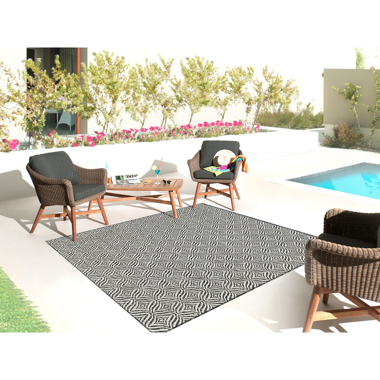 Moa- tapis d'extérieur noir à motif blanc