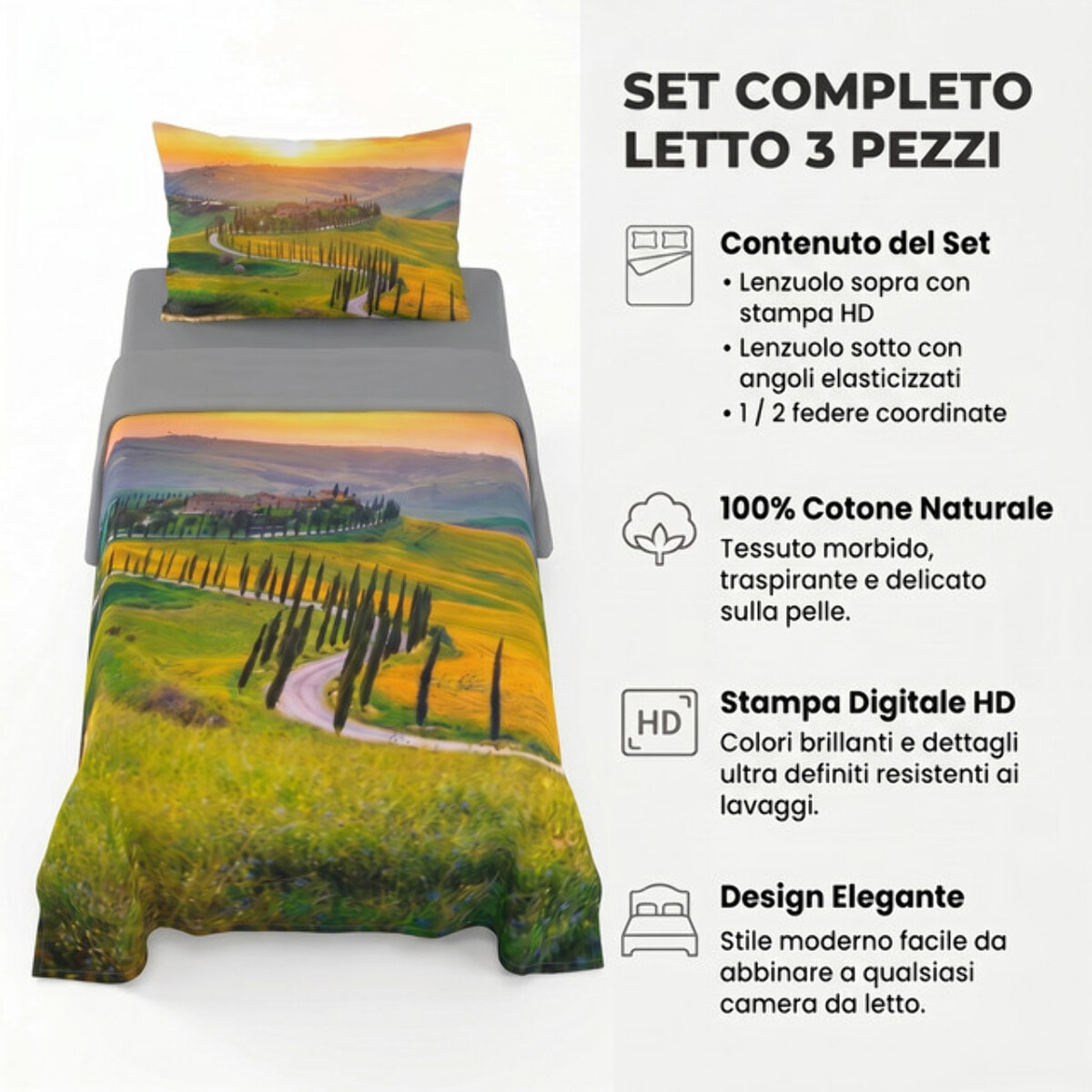 Completo lenzuola una piazza e mezza in cotone con stampa alta qualità, set letto con lenzuolo sopra, sotto con angoli e federa, morbido e traspirante per pelli sensibili, colori brillanti e durevoli, certificato OEKO-TEX, comfort quotidiano