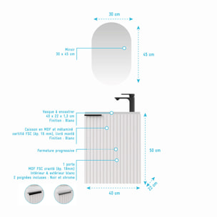 Ensemble meuble lave mains MDF ondulé blanc 40x50x22cm et miroir ovale - MILO
