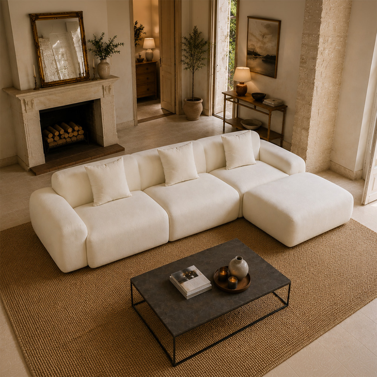 Canapé nuage compressé modulable en tissu chenille beige 4-5 places BURGESS