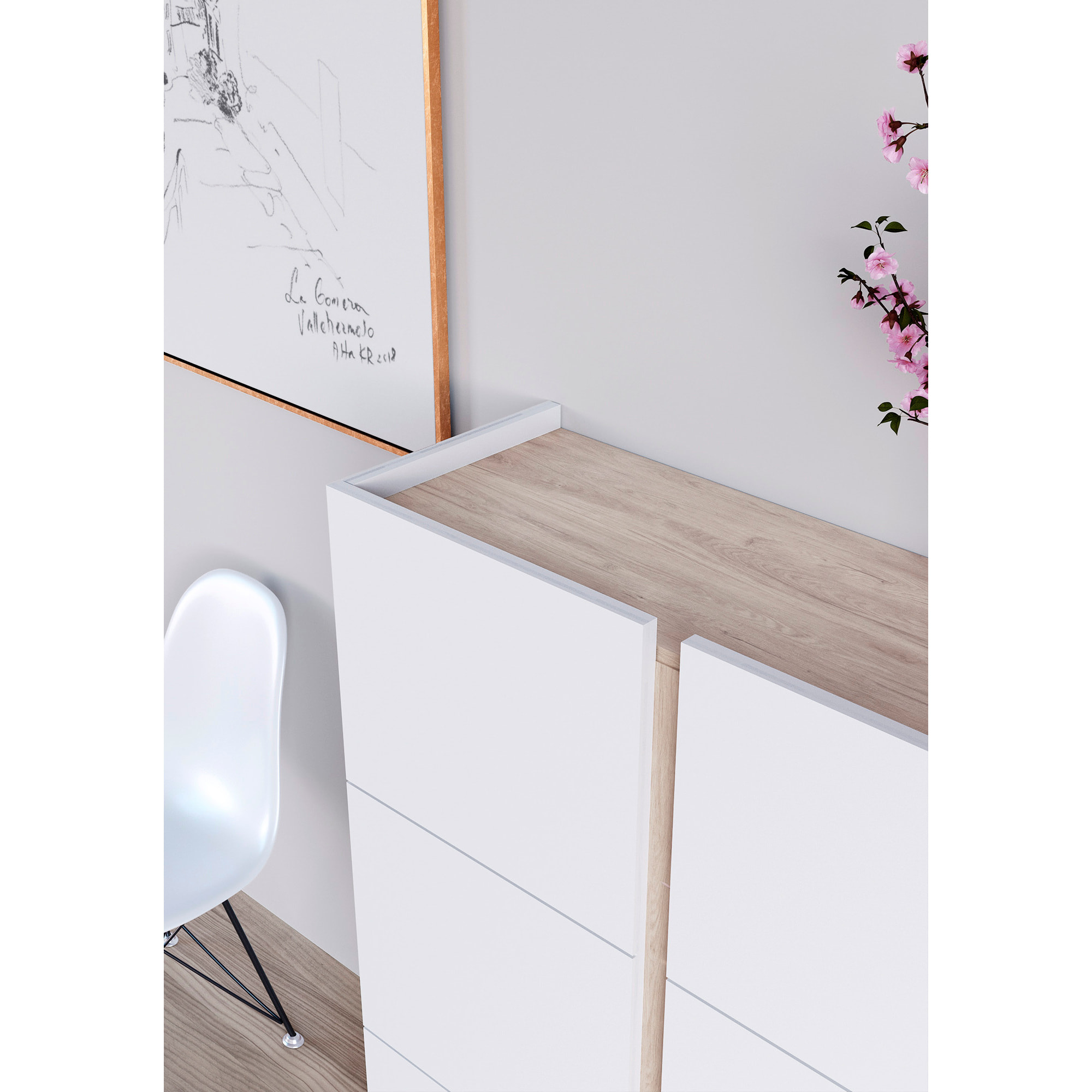 Zapatero Hessa melamina blanco detalle roble claro 122x95x35 cm