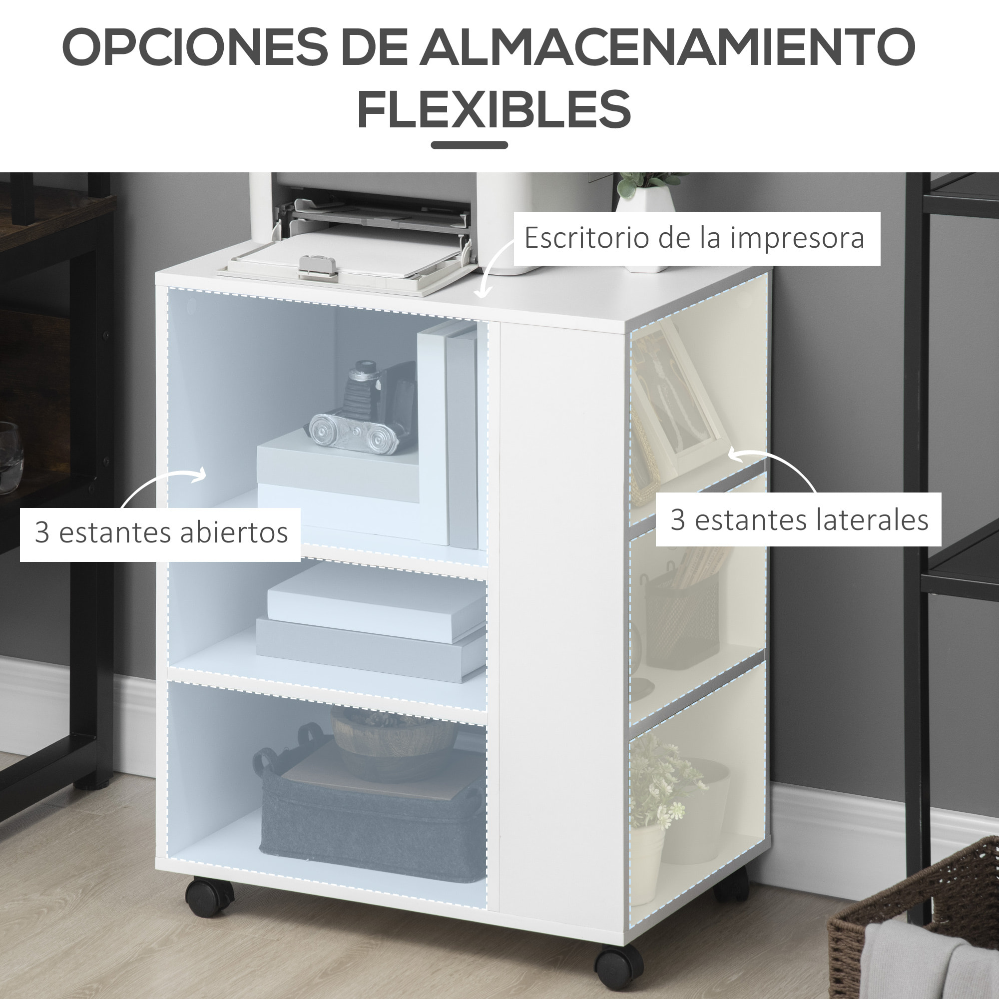 Armario para Impresora Mueble Auxiliar de Oficina con Ruedas con 3 Estantes Laterales y 2 Frenos Carga 30 kg para Dormitorio Cocina Salón 60x40x75,8 cm Blanco