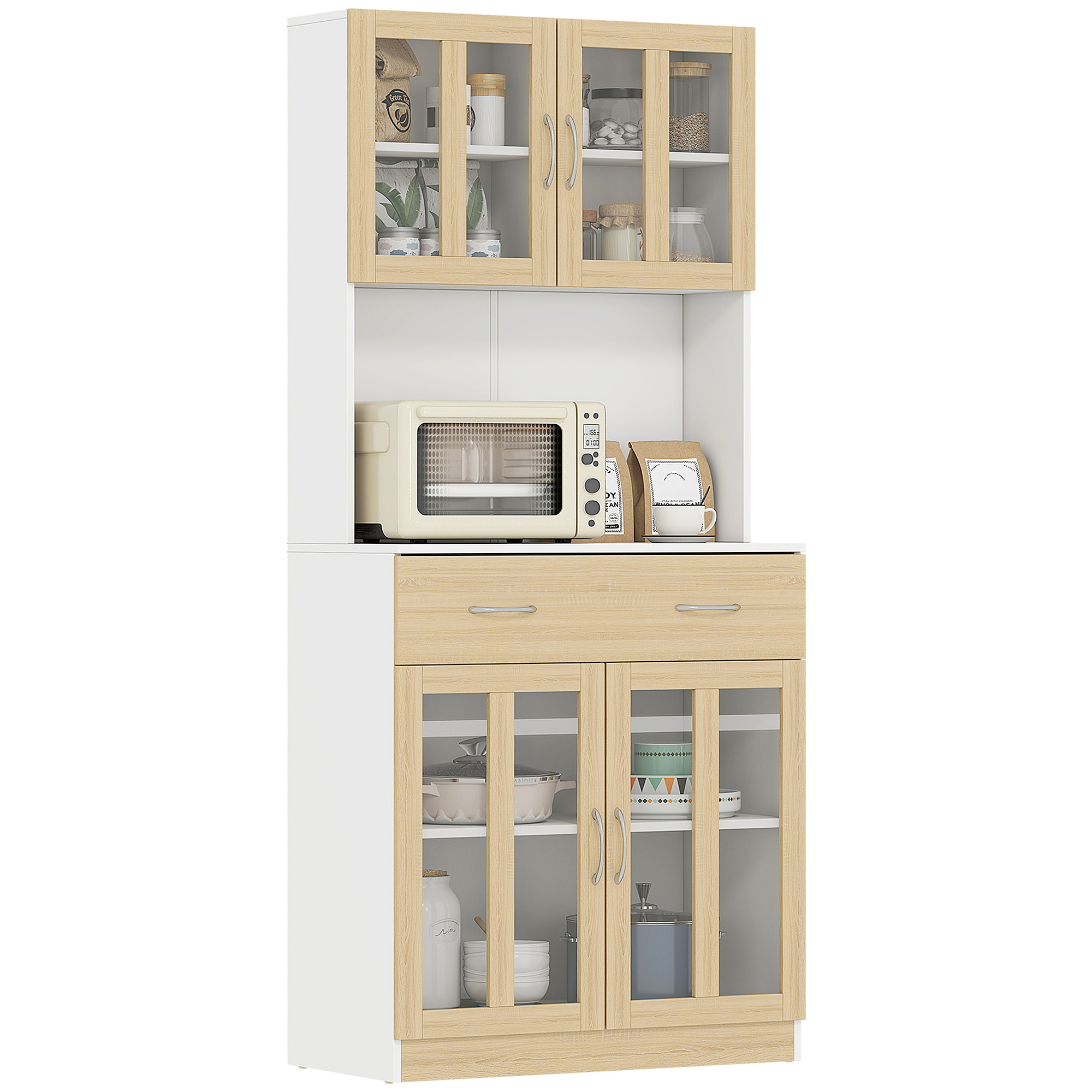 Alacena de Cocina Alta, Mueble Auxiliar de Cocina, con 4 Puertas de Vidrio, Encimera Abierta para Microondas, Cajón, Estantes Ajustables, 80x40x180 cm, Blanco y Natural