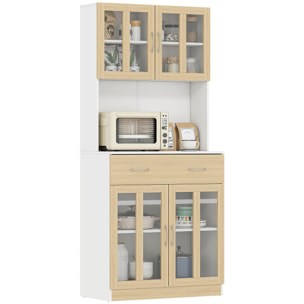 Alacena de Cocina Alta, Mueble Auxiliar de Cocina, con 4 Puertas de Vidrio, Encimera Abierta para Microondas, Cajón, Estantes Ajustables, 80x40x180 cm, Blanco y Natural