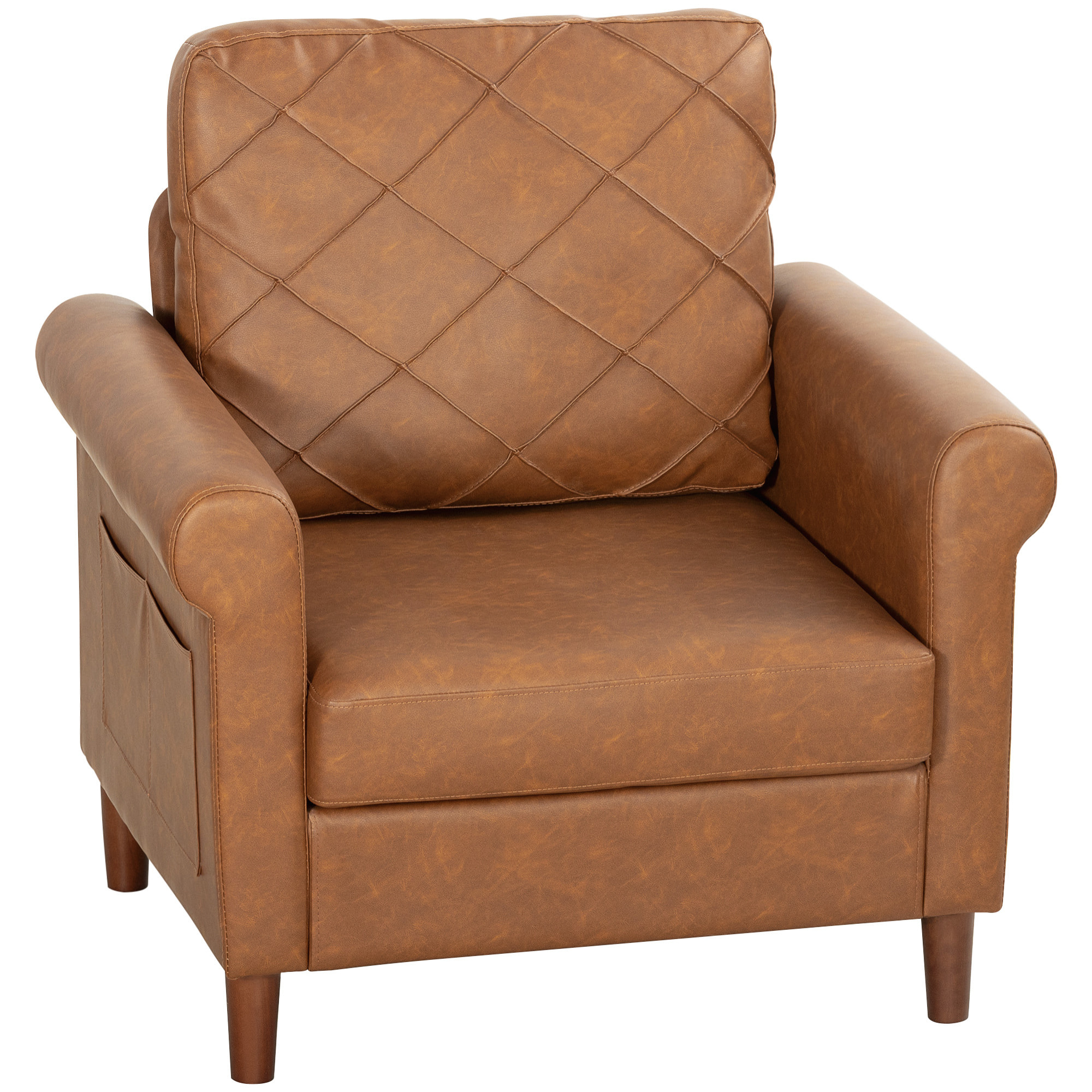 Sillón Relax, Sofá Individual, Tapizado en PU, Cojín Grueso, Respaldo con Costuras, Asiento Amplio, Patas de Madera Maciza para Salón, Dormitorio y Oficina, 82x71x84 cm, Marrón