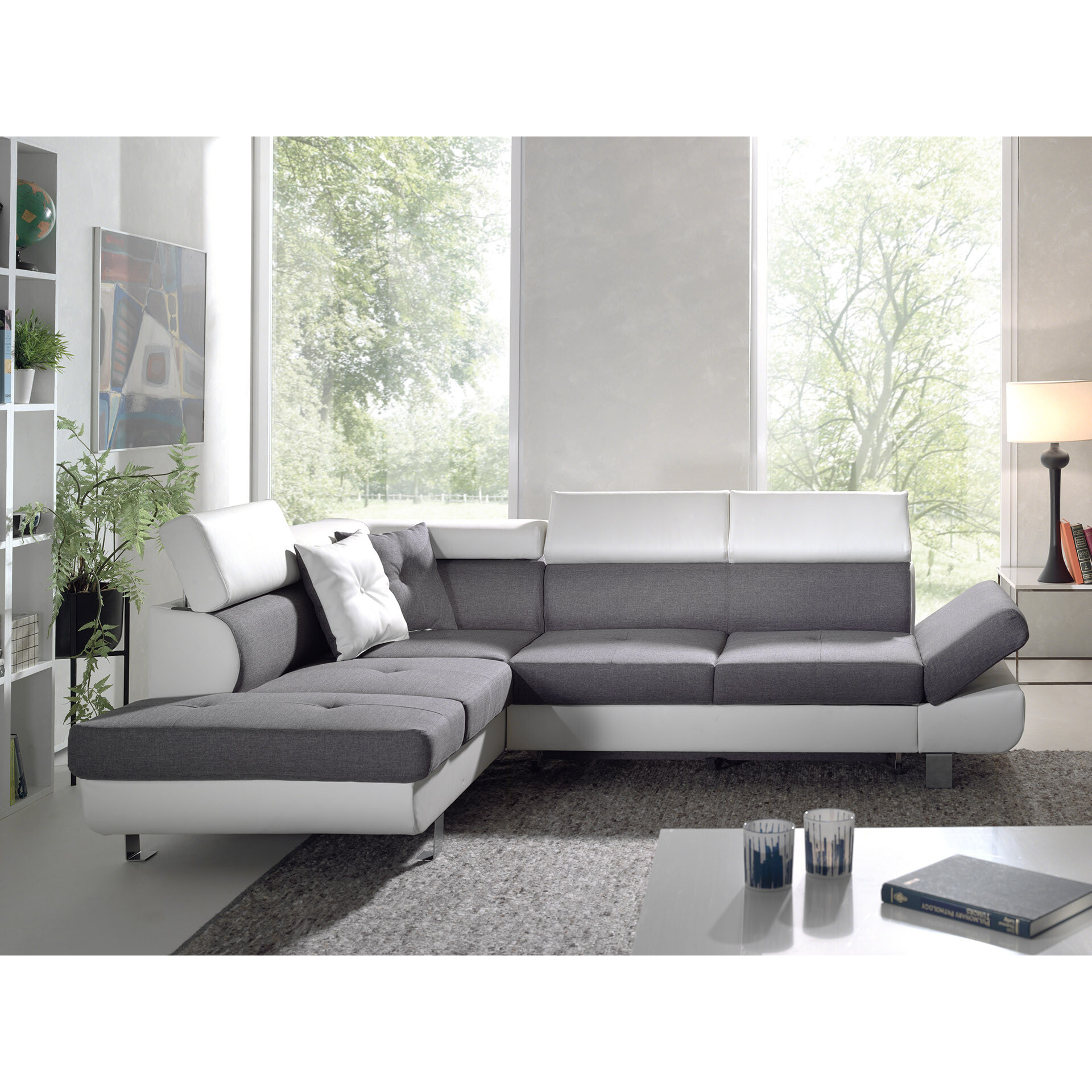 Lisbona - Canapé d'angle gauche convertible - 5 places - avec têtières - Blanc / Gris