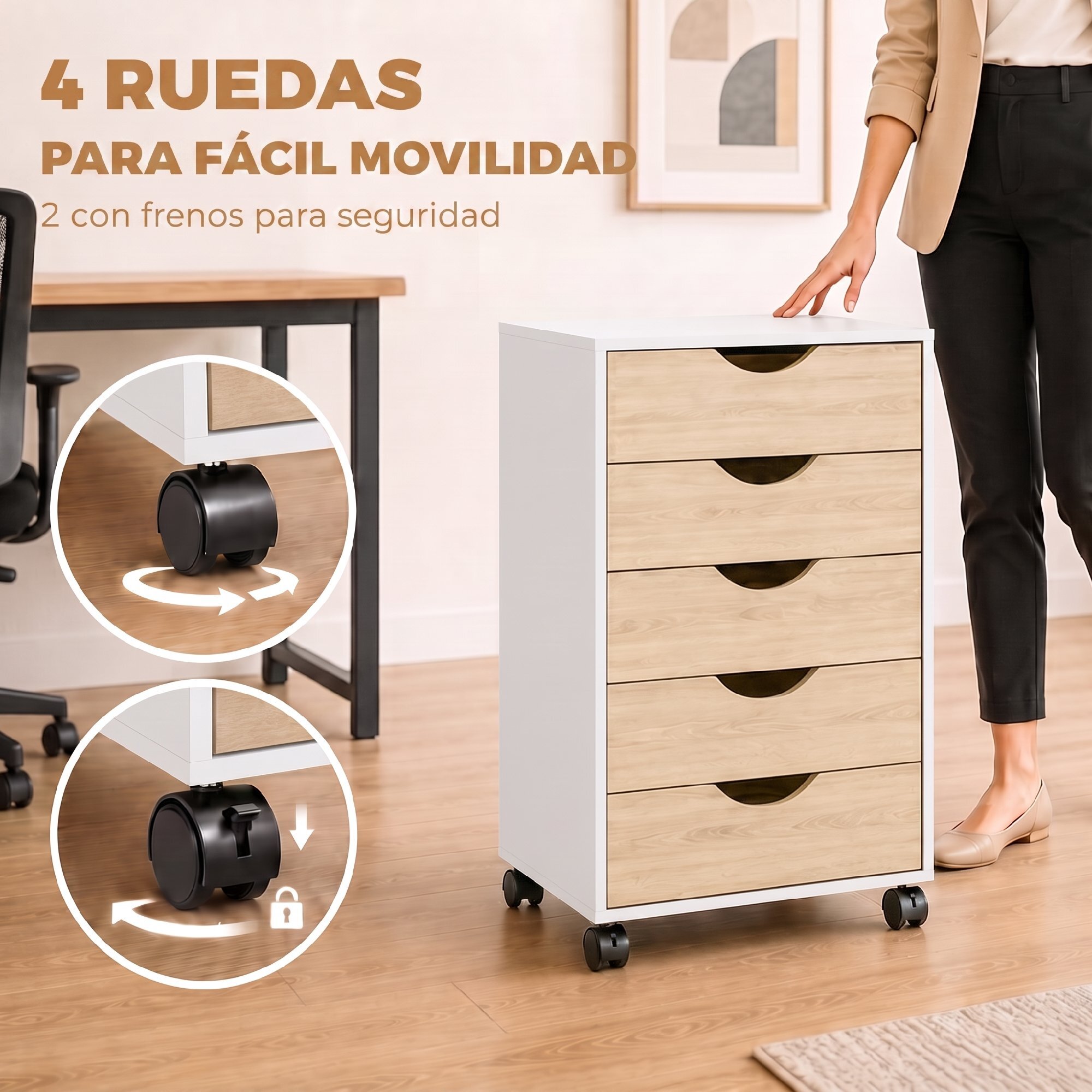 Cajonera Escritorio con Ruedas, Cajonera Oficina con 5 Cajones, Archivador Móvil, para Estudio, Salón, 40x40x67 cm, Blanco y Natural