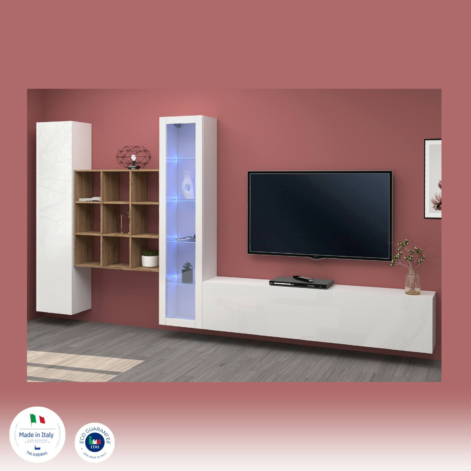 Parete attrezzata Emilio, Set salotto porta TV a 3 ante, Mobile soggiorno multiuso con vetrina e luce LED, 100% Made in Italy, cm 310x30h180, Bianco lucido e Acero