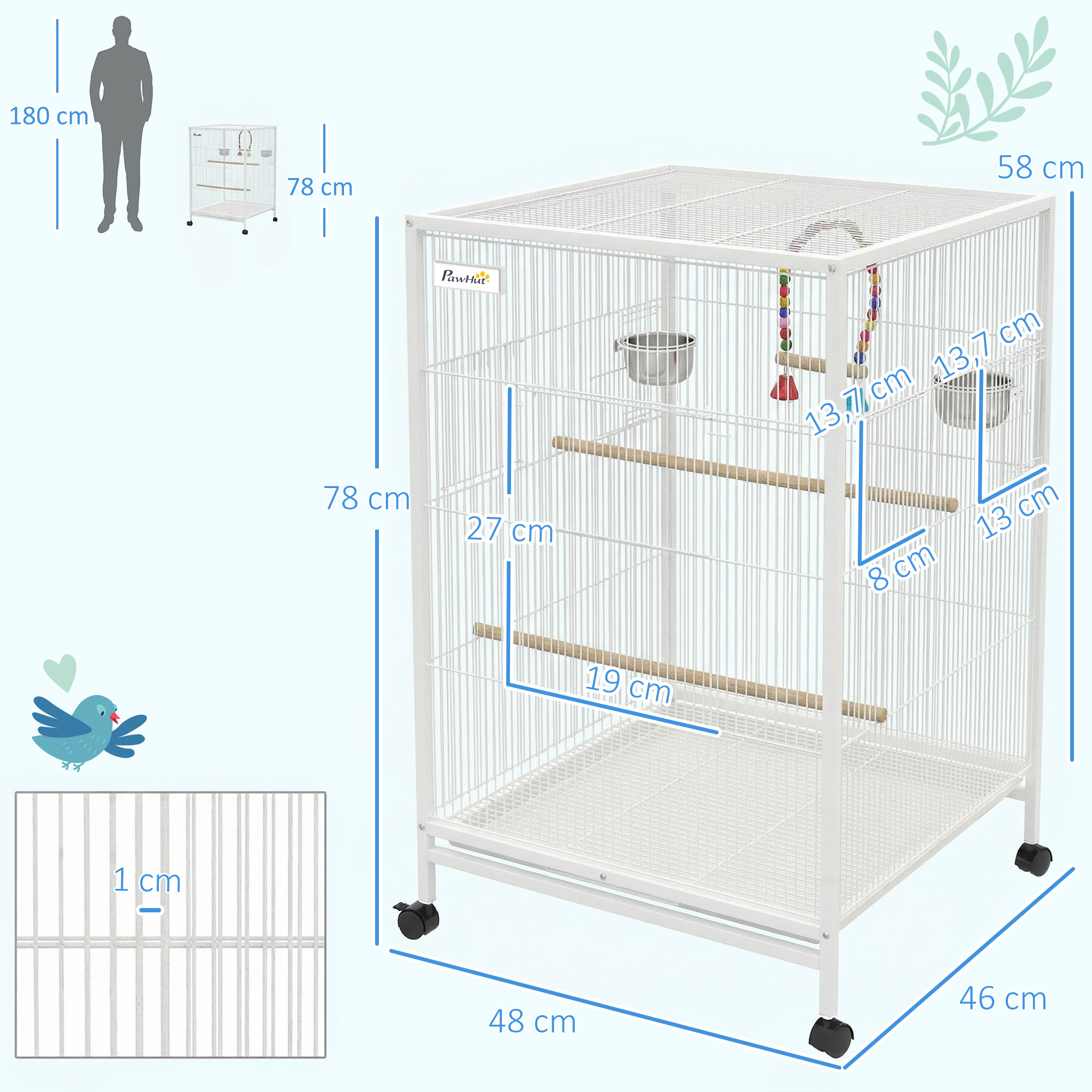 Jaula para Pájaros con Ruedas, Pajarera de Acero con Perchas, Columpio Bandeja Extraíble y Cuencos de Acero Inoxidable, Jaula Grande para Loros, Canario, Periquito, 48x46x78 cm, Blanco