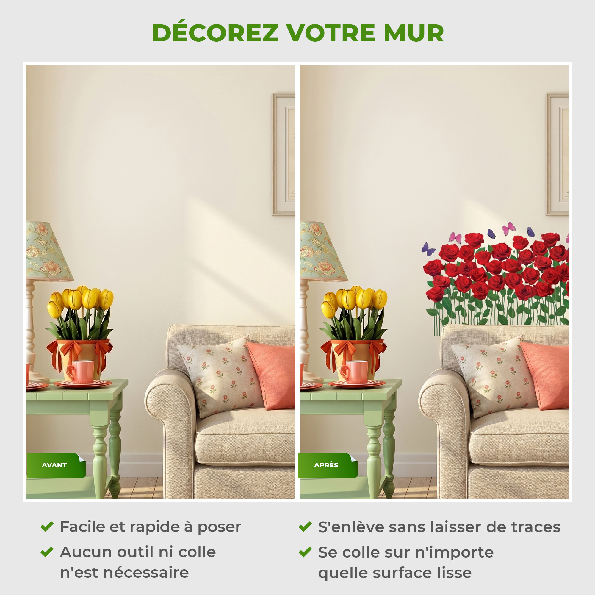Stickers Muraux décoration adhésifs Jardin de roses rouges