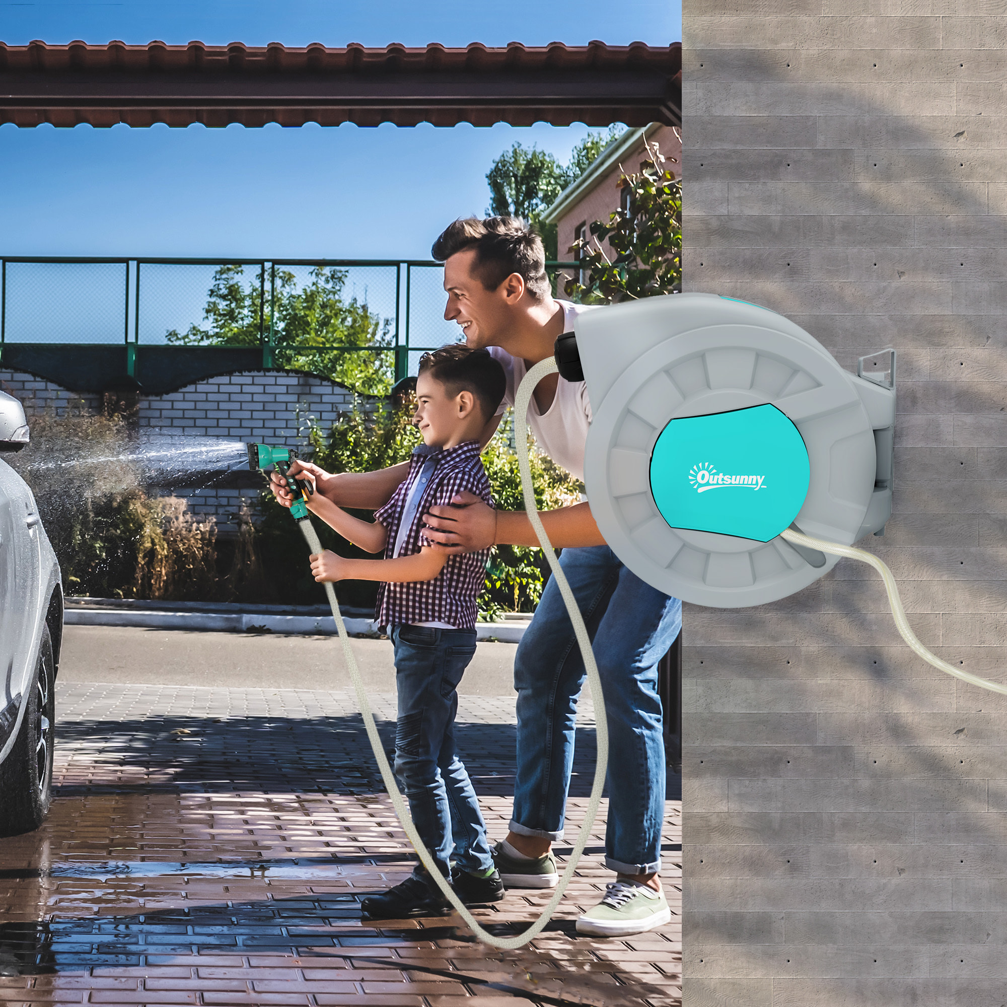 Dévidoir mural enrouleur automatique pivotant 180° tuyau 25 + 2 m avec lance arrosage 7 modes support mural intégré gris clair vert