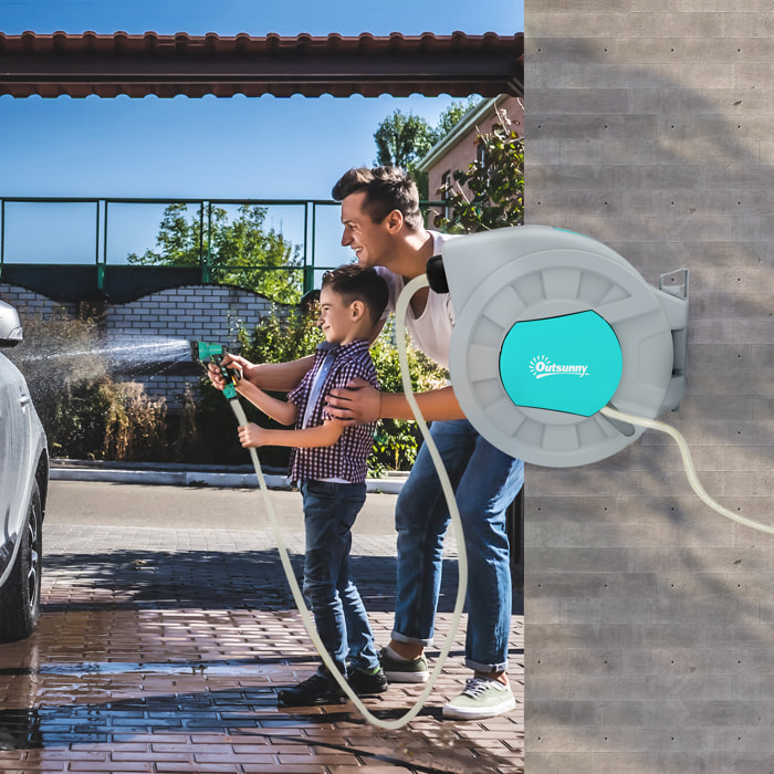 Dévidoir mural enrouleur automatique pivotant 180° tuyau 25 + 2 m avec lance arrosage 7 modes support mural intégré gris clair vert