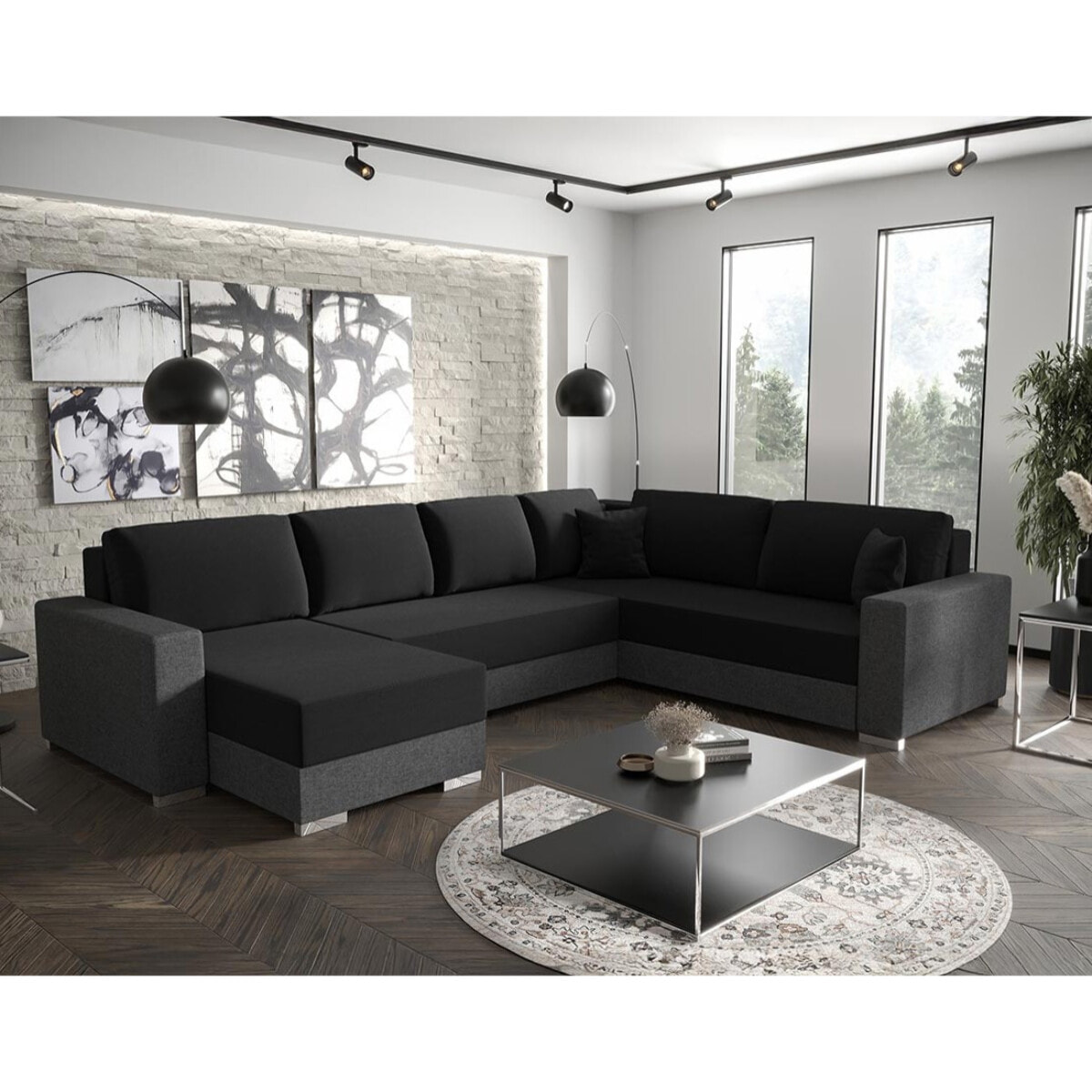 Epona - Canapé panoramique d'angle réversible 7 places convertible avec coffre en tissu - Noir / Gris