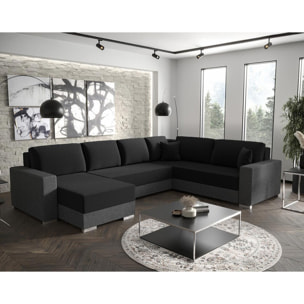 Epona - Canapé panoramique d'angle réversible 7 places convertible avec coffre en tissu - Noir / Gris