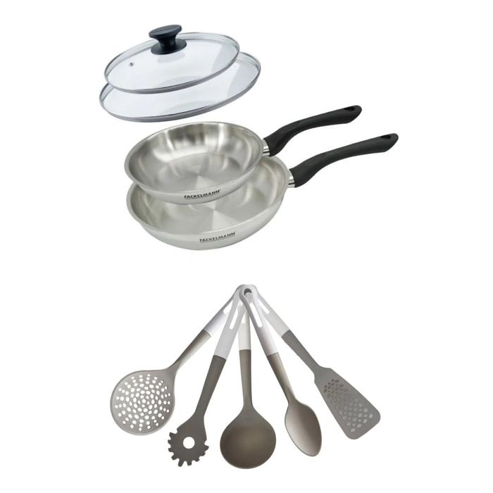 Lot de 2 Poêles en inox 20/24 cm avec couvercles Fackelmann Geneva avec 5 ustensiles de cuisine