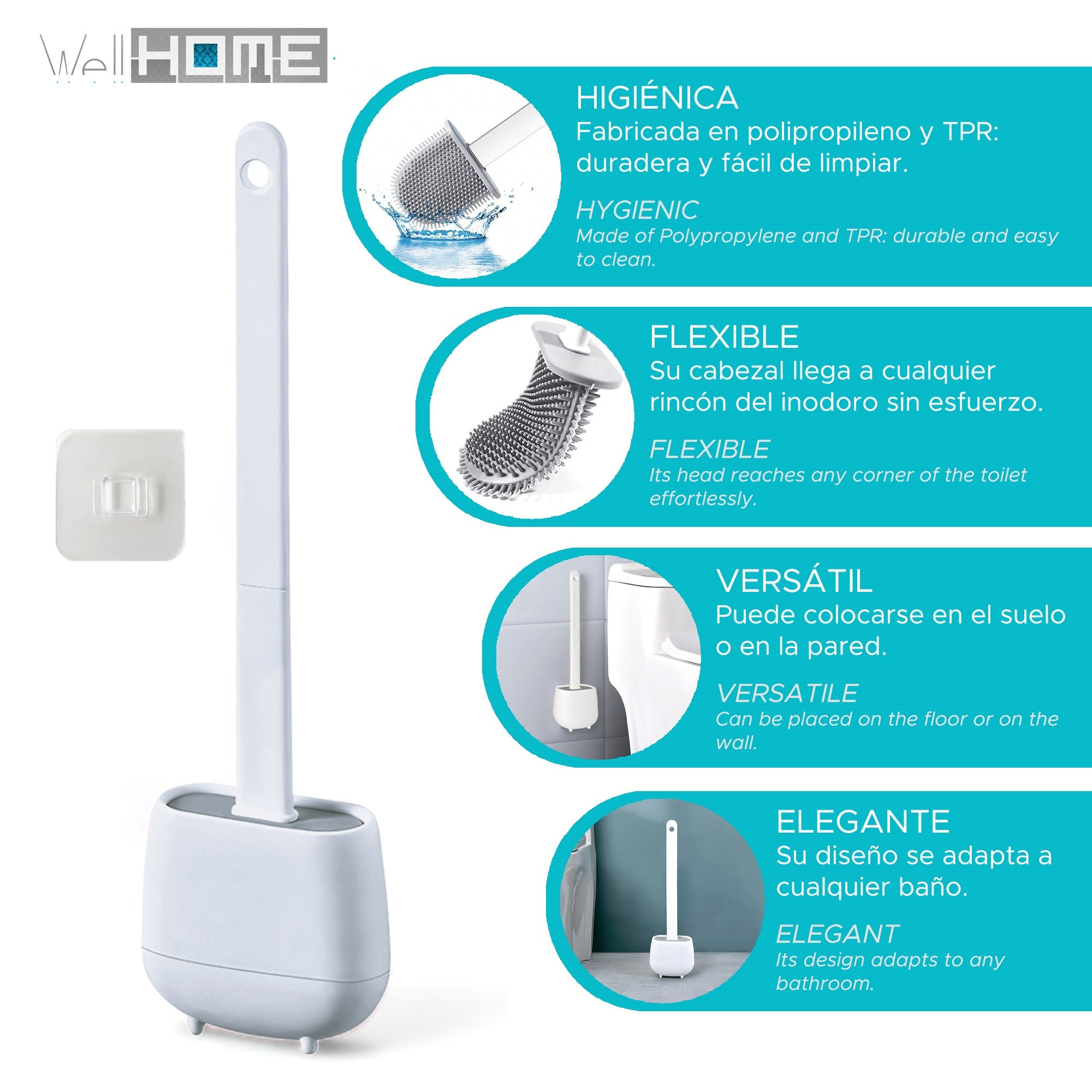 3x Escobillas y portaescobillas de inodoro, cepillo y soporte para WC, silicona, TPR y caucho termpoplástico, blanco
