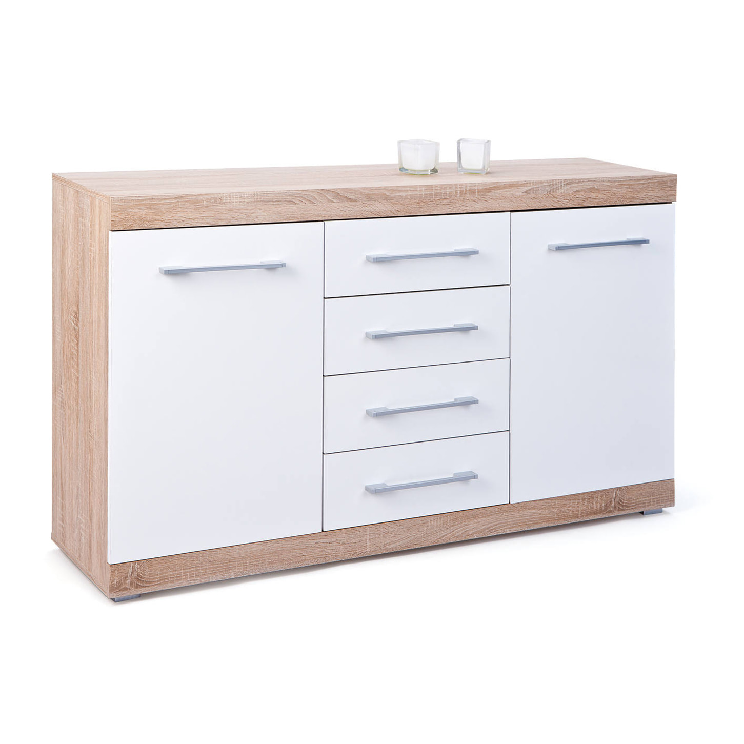 Buffet 2 ante 4 cassetti in laminato finitura rovere e bianco laccato