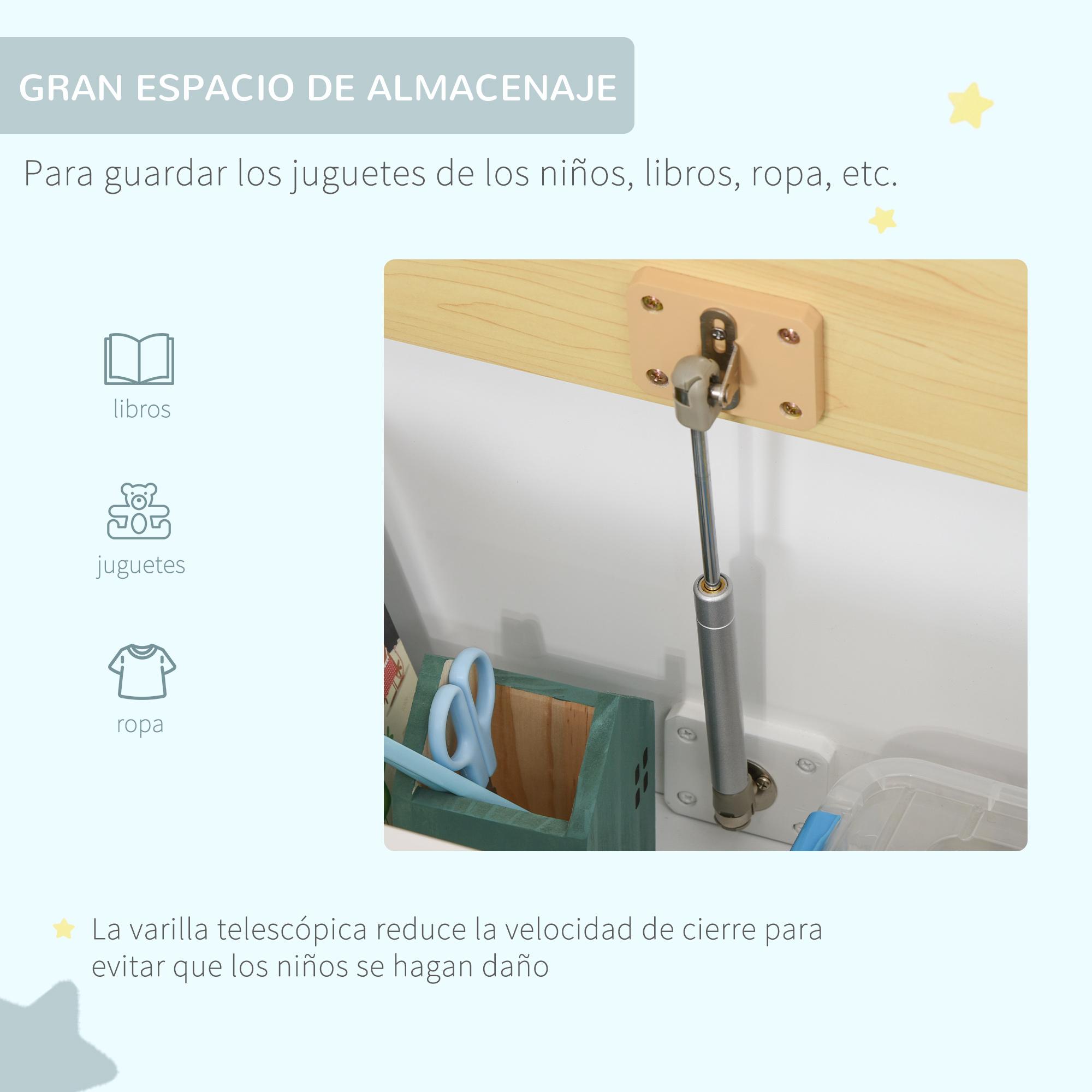 Baúl de Juguetes Banco Almacenamiento Infantil de Madera de Pino con Tapa Amortiguadora y Respaldo Alto para Niños de +2 Años Salas de Juego Habitación 60x30x50 cm Blanco