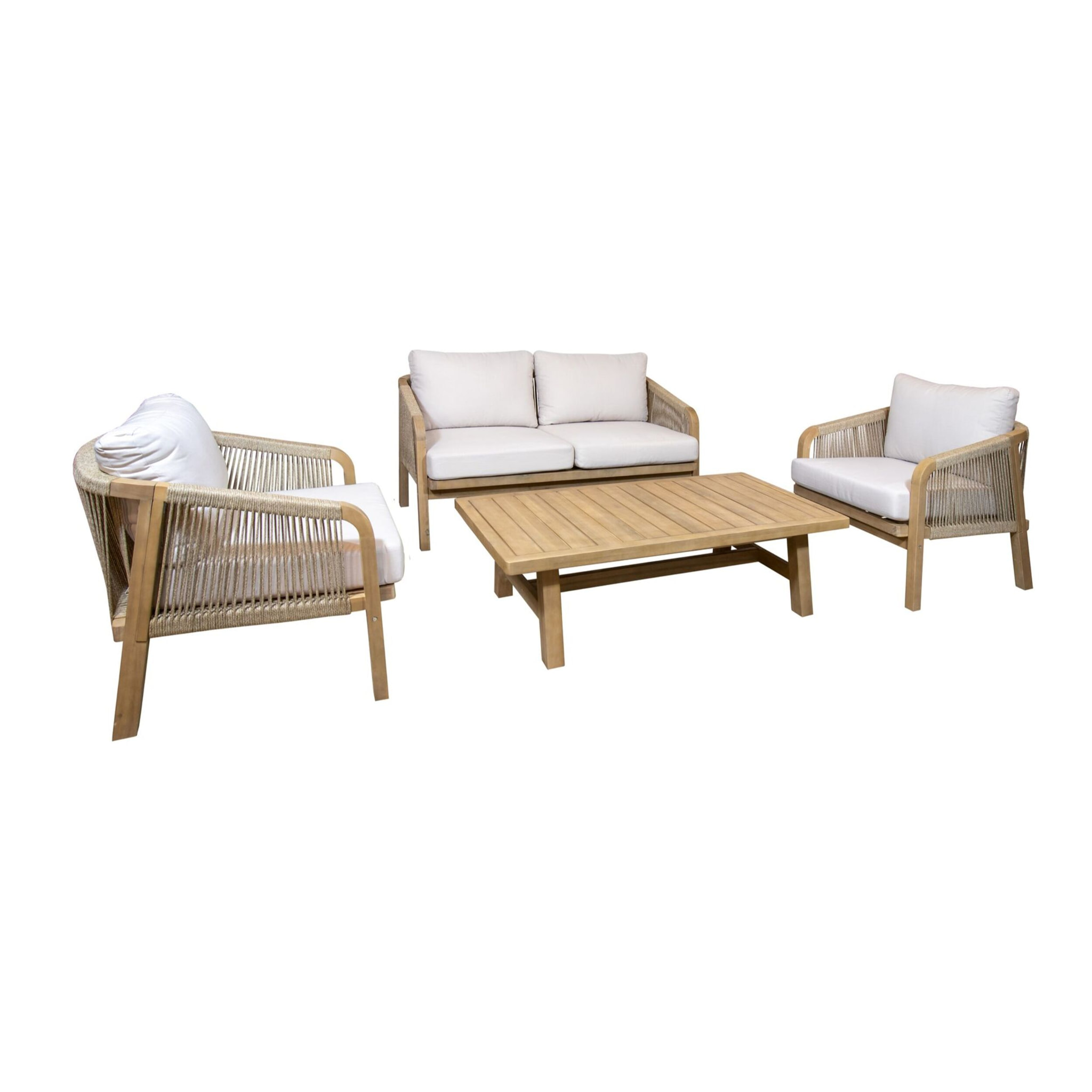 Salon de jardin en bois d'acacia et coussins beige 4 places SAONA