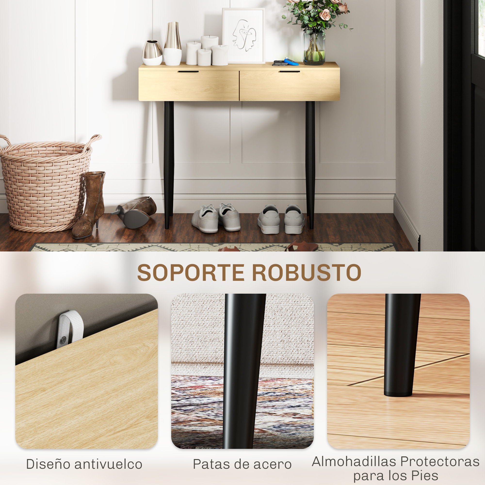 Mesa Consola Mueble para Recibidor con 2 Cajones y Patas de Acero Consola para Recibidor Entrada Pasillo 100x30x80,5 cm Roble