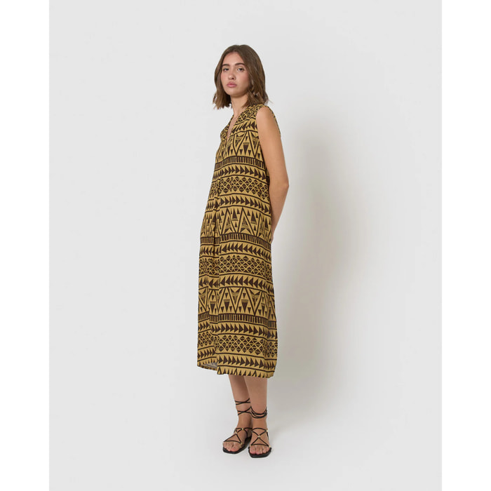 Vestido midi bambula detalles plisados indi marrón
