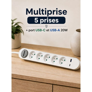 Multiprise ESSENTIELB 5 prises + port USB-C et USB-A 20W