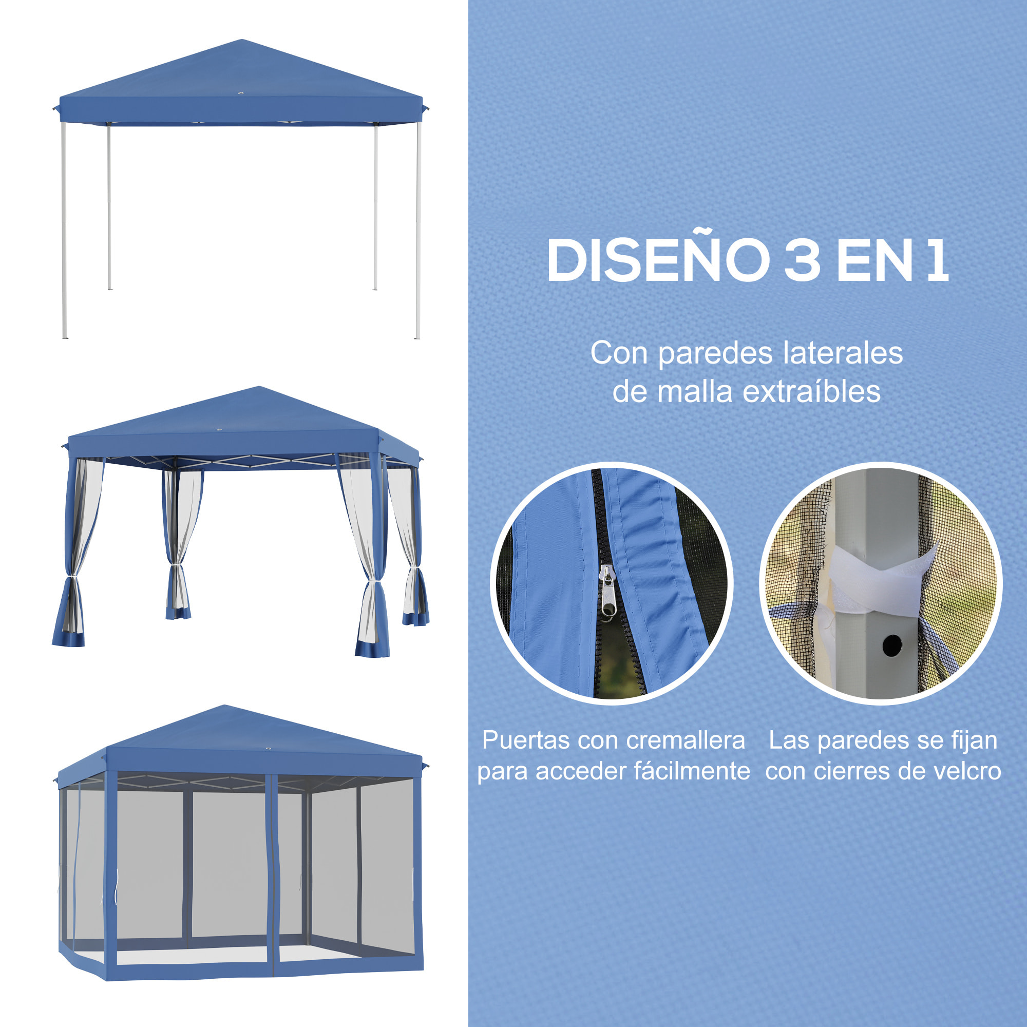 Carpa Plegable 3x3 m Cenador de Jardín con 4 Paredes Laterales de Malla 8 Orificios de Drenaje Impermeable y Bolsa de Transporte para Jardín Patio Fiestas Azul