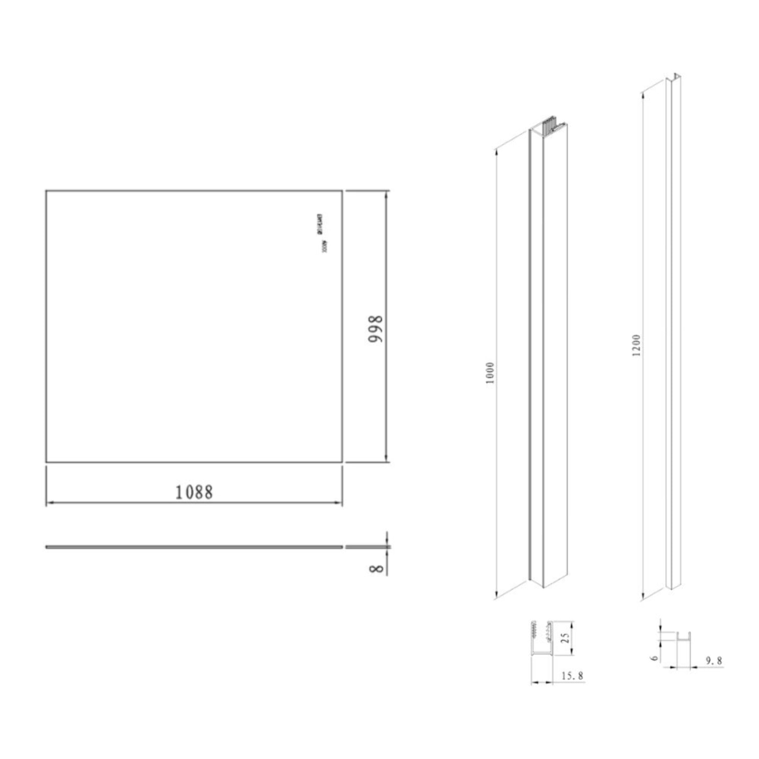 Pare-muret 110x100cm Paroi en verre Crystal Glass® 8 mm anticalcaire, avec bras et profilés noir mat (SATBWIS110PRC)