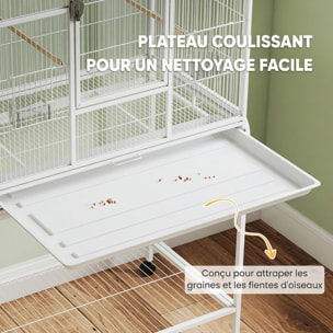 Cage à oiseaux portable avec 4 mangeoires et 4 perchoirs pratique 81 x 48 x 162 cm blanc
