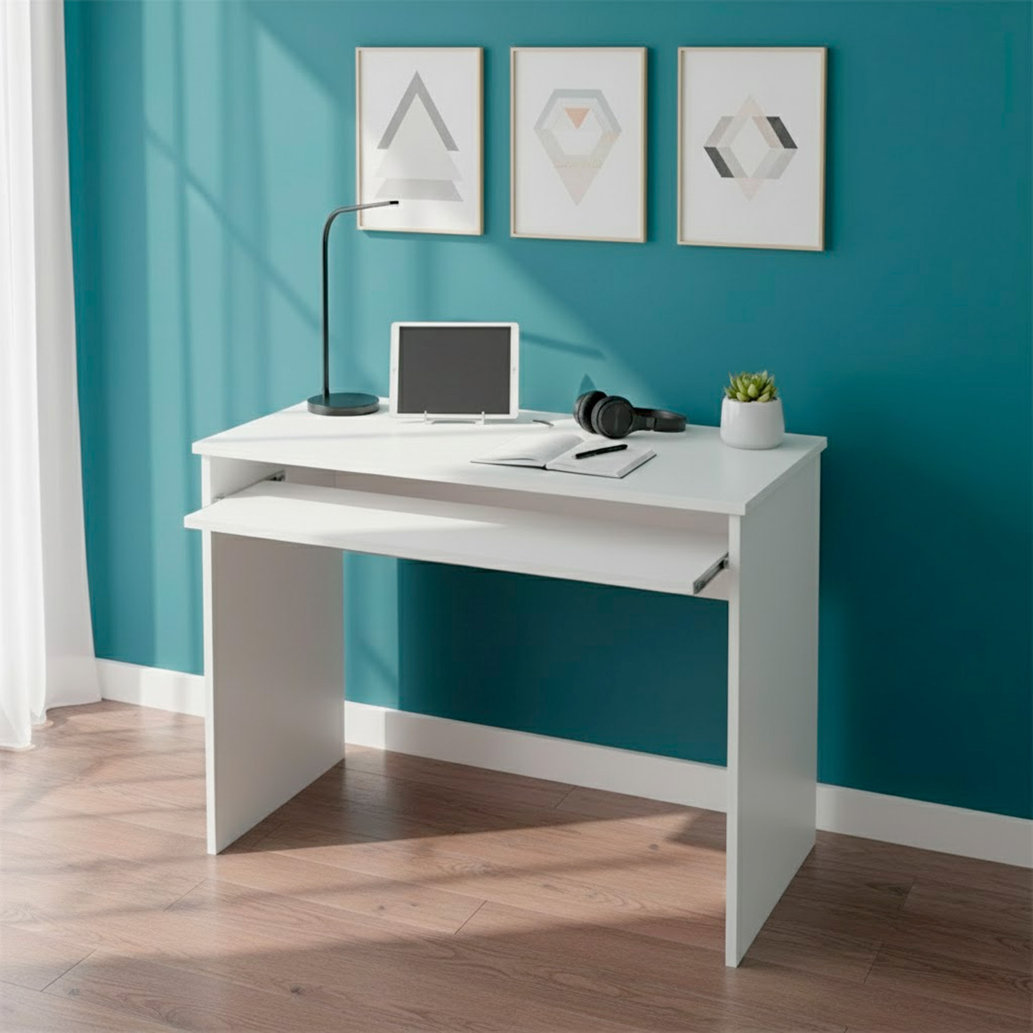 Scrivania Per Cameretta Postazione Desk PC Studio Ufficio Design Moderno Piano Scorrevole Piedini ABS Studio Compiti Lavoro 90x54x79 Cm Bianco Opaco