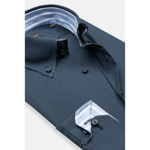 Camicia Uomo 2 Bottoni Button Down Slim Popeline Stretch Unito Blu