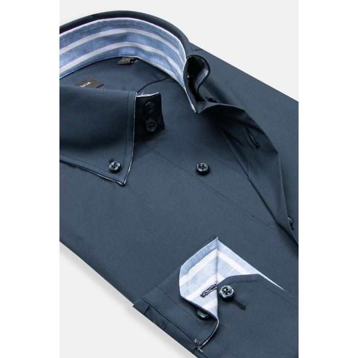 Camicia Uomo 2 Bottoni Button Down Slim Popeline Stretch Unito Blu