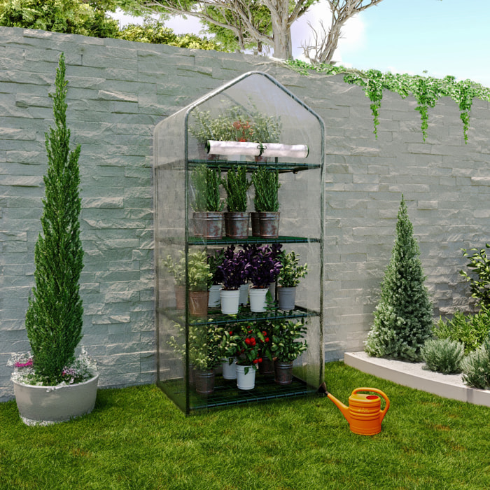 Serra A 4 Ripiani Da Giardino Per Orto Telaio In Acciaio Verniciato Telo In PVC Trasparente Porta Avvolgibile Apertura A Cerniera 69x49x160 Cm