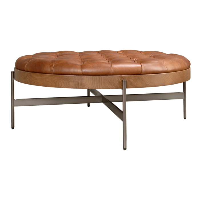 Mesa centro Angel Cerdá redonda en madera chapada en nogal natural y una tapa de piel en marrón oscuro 100x100x40cm