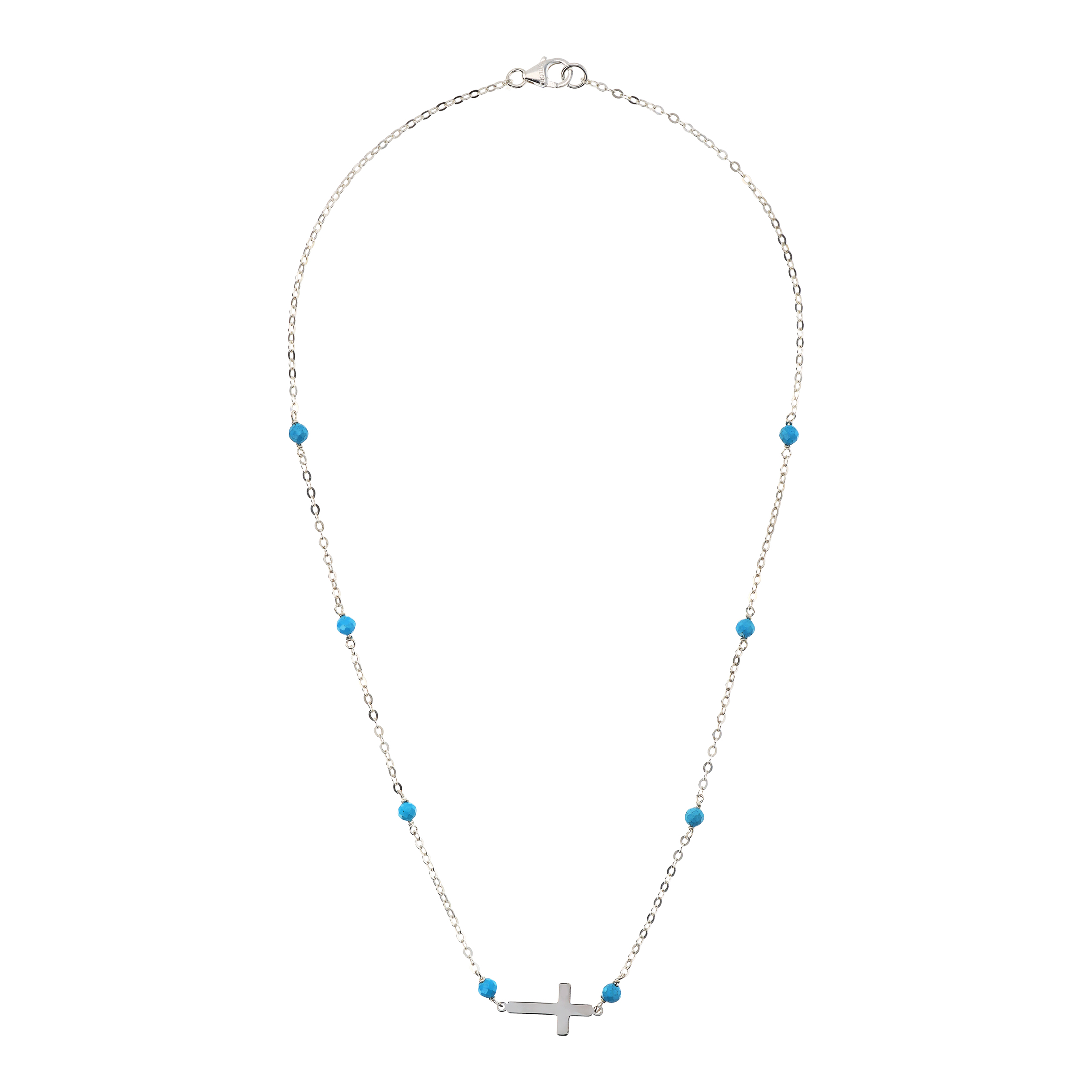 Collana Catena Rolo con Howlite Turchese e Pendente Croce Argentato in Argento 925 placcato Rodio