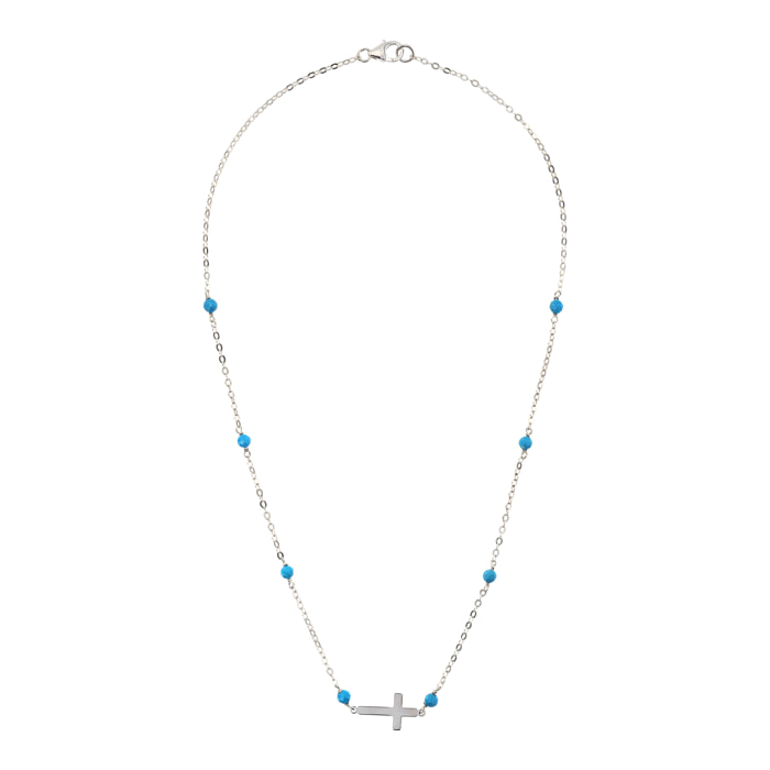 Collana Catena Rolo con Howlite Turchese e Pendente Croce Argentato in Argento 925 placcato Rodio