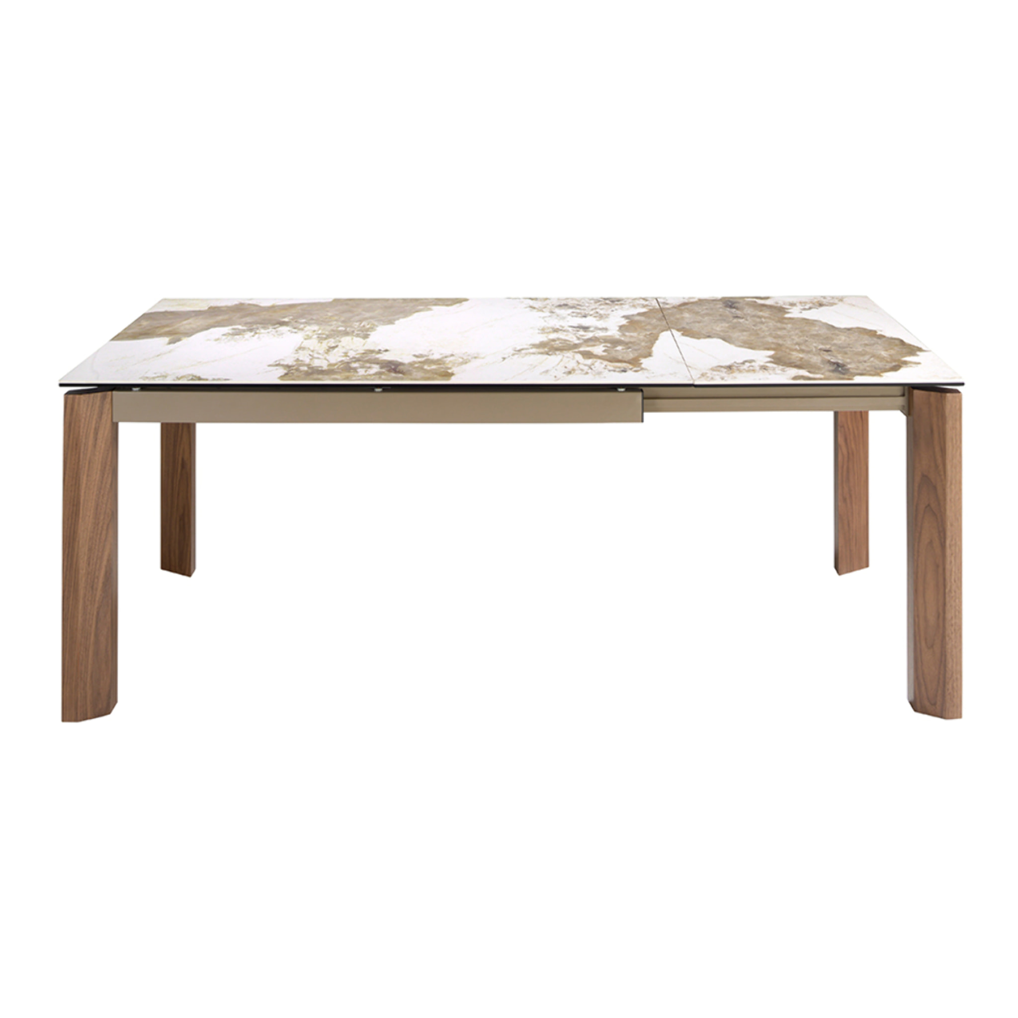 Mesa comedor extensible rectangular con tapa de mármol porcelánico blanco con vetas en tonos tierra en acabado brillo 140x90x76cm