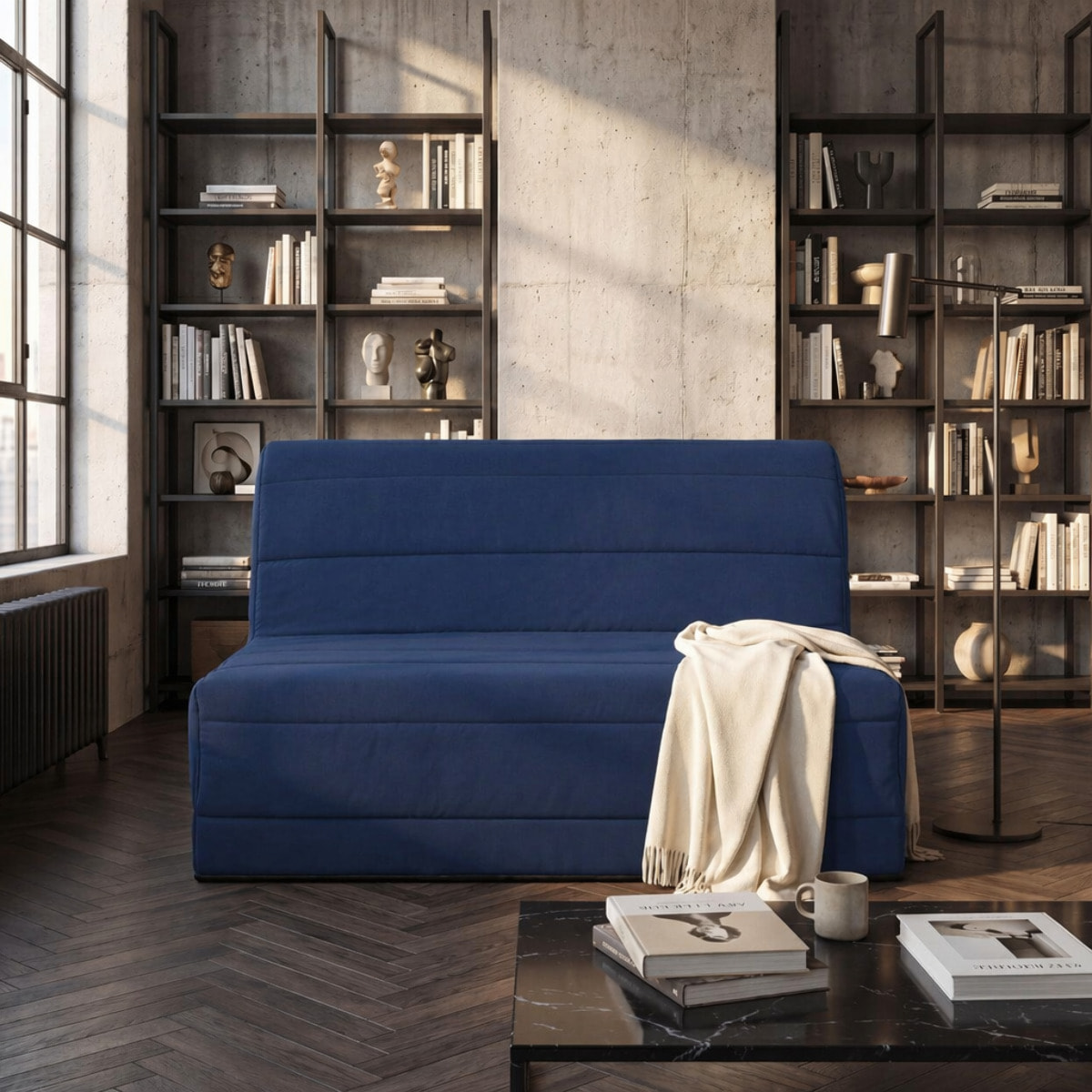 Banquette convertible Melissa, matelas Simmons, 140 x 190 cm, marine
