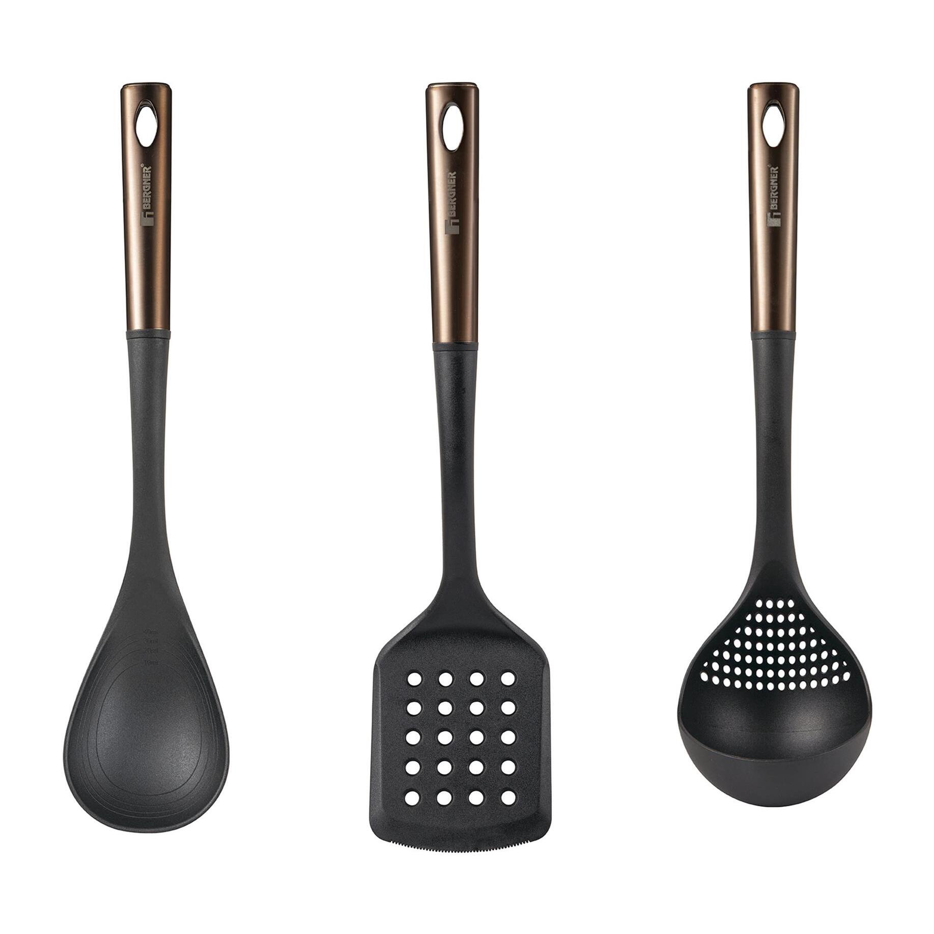 set de 3 utensilios de cocina: espátula ranurada, cuchara y cuhcarón en pbt negro y cobre