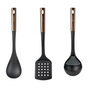 set de 3 utensilios de cocina: espátula ranurada, cuchara y cuhcarón en pbt negro y cobre