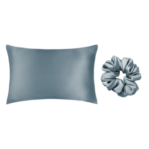 Federa Cuscino Letto Con Zip E Scrunchies Elastico Capelli 100% Seta Tinta Unita Azzurro