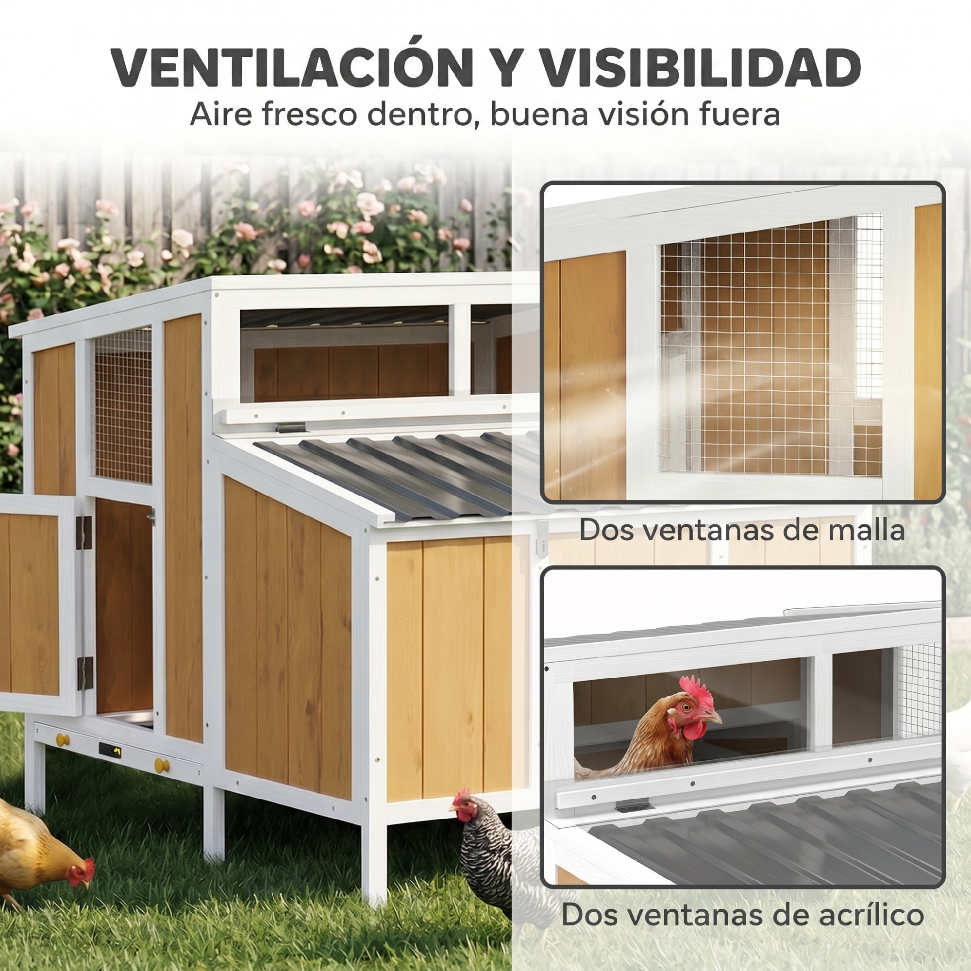 Gallinero para Exterior de Madera, 145x90x92 cm, para 2-4 Gallinas, Gallinero con Nido, Casa Lateral, Bandeja Extraíble, Techo Impermeable, Puertas con Cerradura, Perchas, Conejera, Amarillo