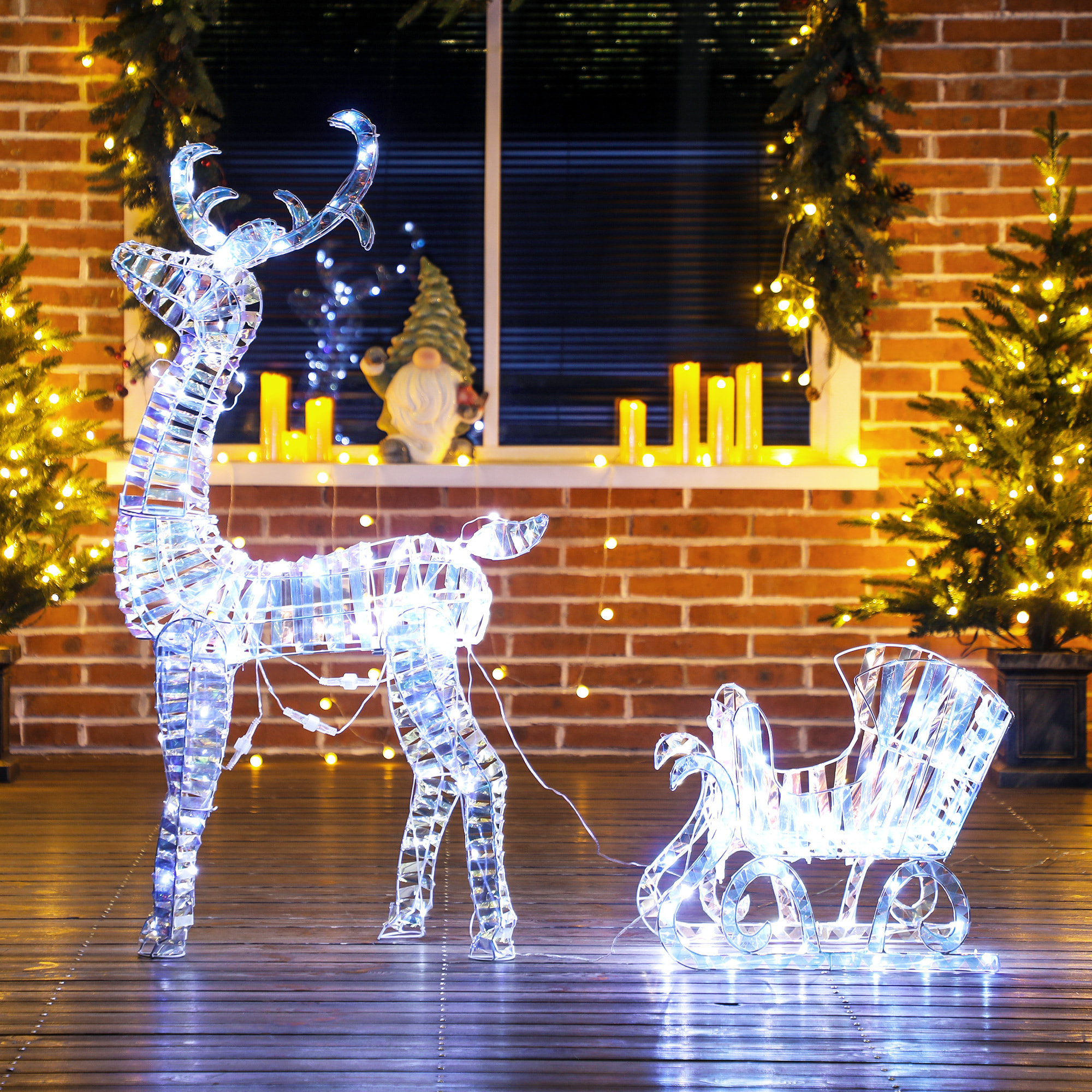 Silhouette renne lumineux avec traîneau - renne et traîneau lumineux de Noël - décoration LED extérieure de Noël - 170 LED blanc froid