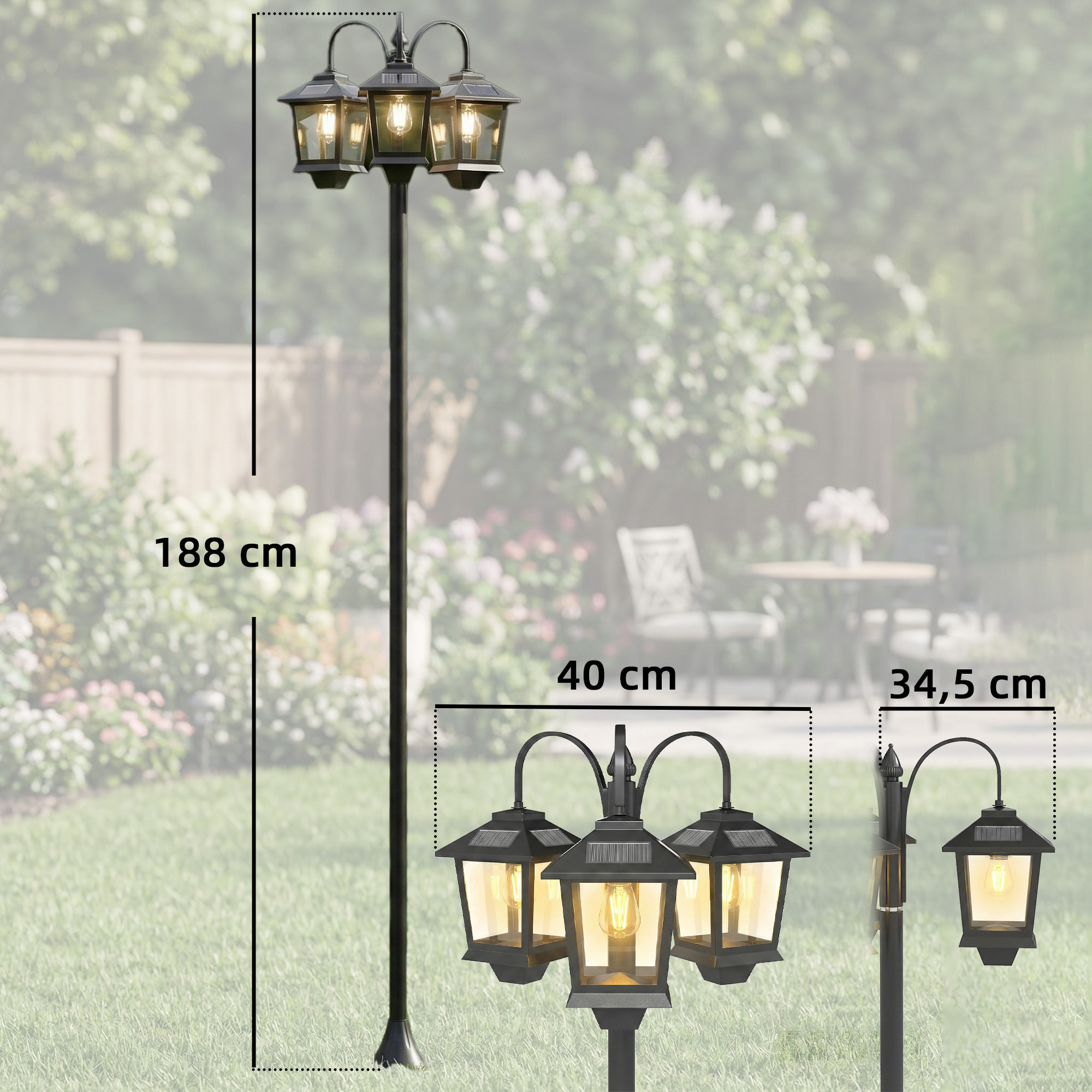 Farola Solar Exterior de Jardín con 3 Cabezales, Luz Solar de Exterior de Aluminio con Encendido/Apagado Automático, Impermeable IP44, para Terraza, Patio, 40x34,5x188 cm, Negro