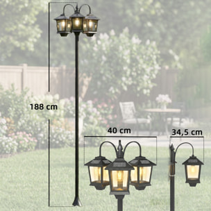 Farola Solar Exterior de Jardín con 3 Cabezales, Luz Solar de Exterior de Aluminio con Encendido/Apagado Automático, Impermeable IP44, para Terraza, Patio, 40x34,5x188 cm, Negro