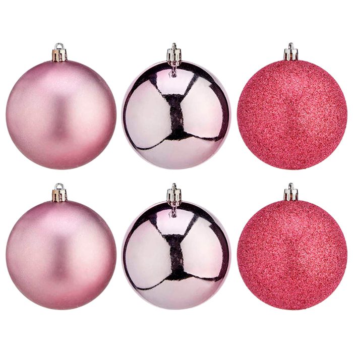 Set de 6 bolas navideñas de 8cm en color rosa, surtido en 3 diseños: liso, brillante y con textura.