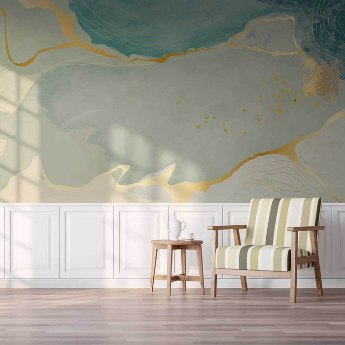 Papier peint art abstrait bleu et or effet marbre moderne Intissé